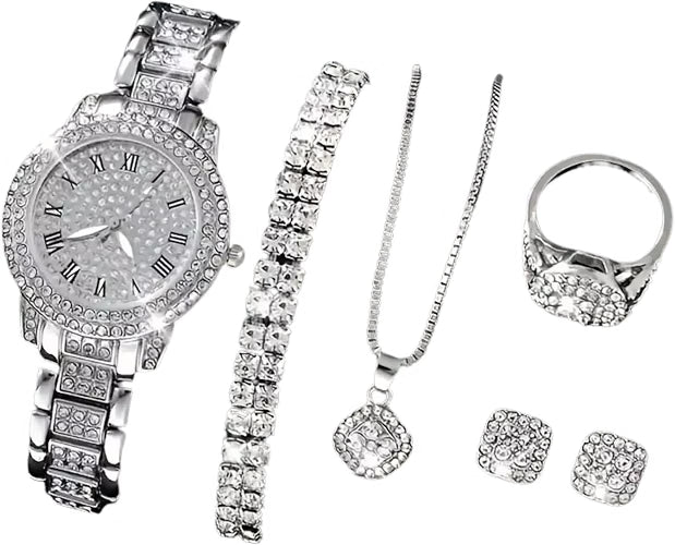 OLALACLAYCO Rhinestone Watch Jewelry Set, 6-Piece Rose Gold Bling Set with Watch, Necklace, Bracelet, Ring & Earrings, Hip Hop Style Fashion Jewelry