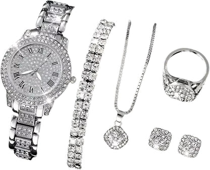 OLALACLAYCO Rhinestone Watch Jewelry Set, 6-Piece Rose Gold Bling Set with Watch, Necklace, Bracelet, Ring & Earrings, Hip Hop Style Fashion Jewelry
