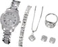 OLALACLAYCO Rhinestone Watch Jewelry Set, 6-Piece Rose Gold Bling Set with Watch, Necklace, Bracelet, Ring & Earrings, Hip Hop Style Fashion Jewelry