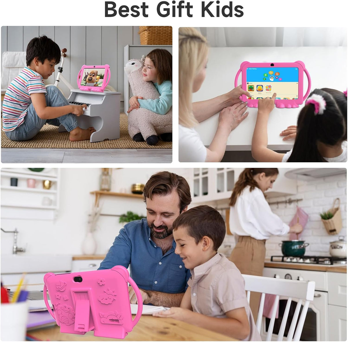 PEICHENG PCQ8 Kids Tablet 7 Inch, Android 12, 4GB RAM 32GB ROM, Parental Control, Dual Camera, IPS Touchscreen, Shockproof Case, Pink