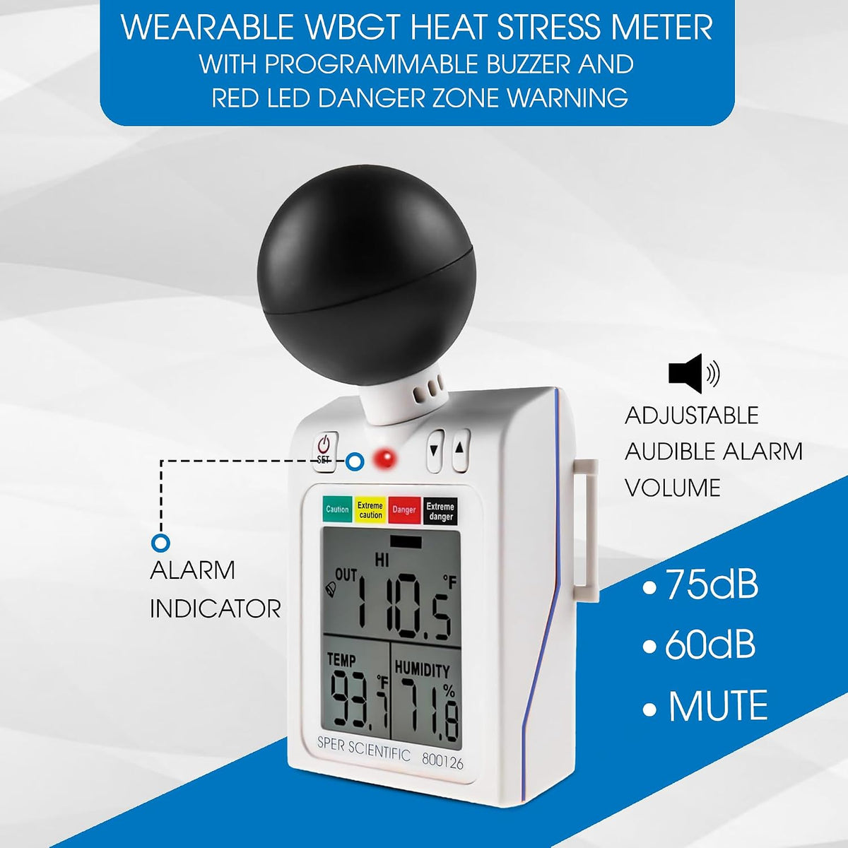 Sper Scientific 800126 Wearable Portable WBGT Heat Stress Monitor for Safety and Comfort with Dangerous Indicator Display