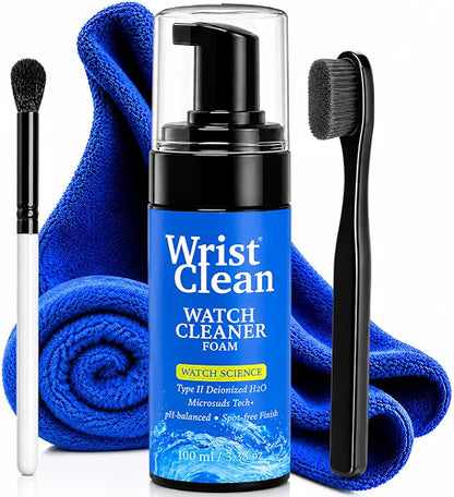 WristClean Royal Watch Cleaning Kit, 5-Piece Watch Cleaning Set with 100ML Foam Cleaner, Drying Towel, 2 Non-Scratch Brushes & Microfiber Pouch, USA Made