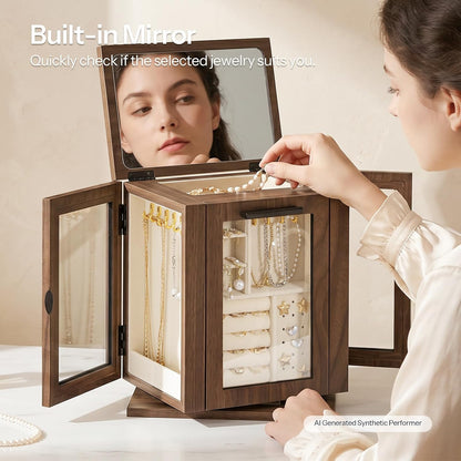 HOOBRO 360° Rotating Jewelry Box with Mirror, Wooden Jewelry Organizer Box 4 Drawers, 3 Transparent Acrylic Doors, Large Jewelry Storage Box for Necklaces, Rings, Bracelets, Earrings, Walnut BH31JB04
