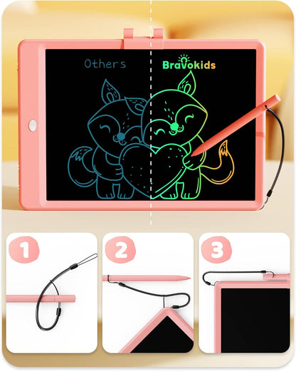 bravokids 10-Inch LCD Writing Tablet for Kids Ages 3-8, Electronic Doodle Board with Colorful Screen, Erasable Drawing Pad, Stylus, Anti-Shock Design, Pink