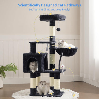 Heybly Cat Tree, 43.3-Inch Cat Tower for Indoor Cats, 4-Level Cat Condo with Basket, Top Perch, Scratching Posts & Toys, Smoky Gray
