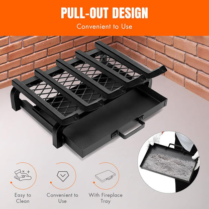 17 Inch Fireplace Grate with Ember & Ash Trays Pan Wood Stove Log Grates Set, Heavy Duty, Rack Holder Pit, Indoor Outdoor, Chimney Hearth