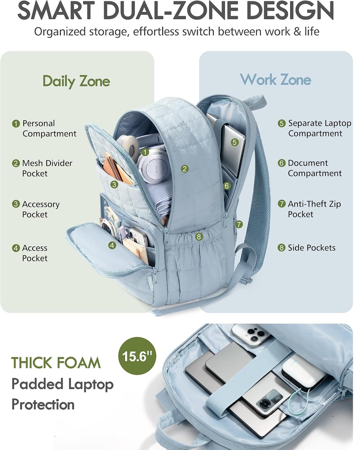 Bagstellar Travel Backpack for Women, 15.6" Puffer College Laptop Backpack 27L Quilted Work Back Pack w/ Double Zipper, 18 Pockets, Giant Tumbler Holder, Water Resistant Teacher Nurse Computer Bookbag