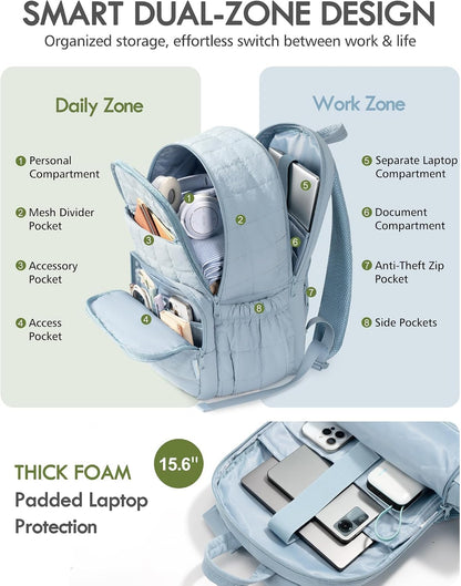 Bagstellar Travel Backpack for Women, 15.6" Puffer College Laptop Backpack 27L Quilted Work Back Pack w/ Double Zipper, 18 Pockets, Giant Tumbler Holder, Water Resistant Teacher Nurse Computer Bookbag