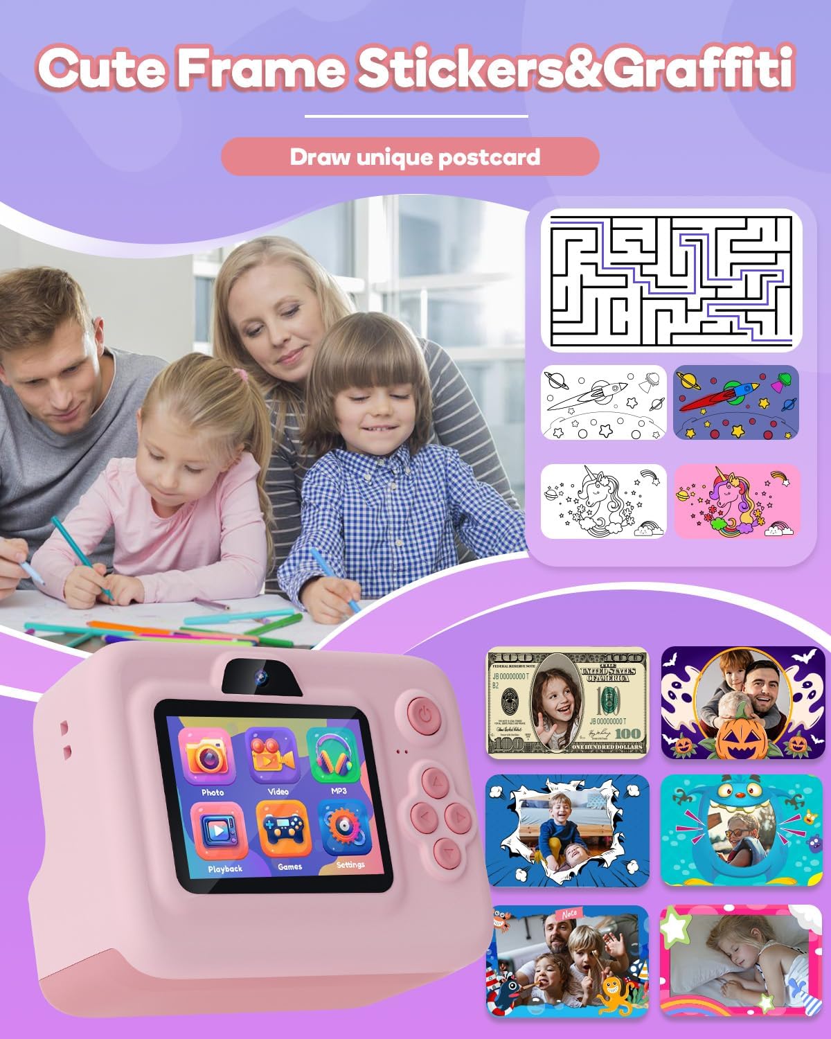 Dylanto Kids Instant Print Camera BLL2, 1080P Digital Camera with Thermal Printer, 2.4" Screen, 16X Digital Zoom, 32GB Memory Card, 3 Paper Rolls, Pink