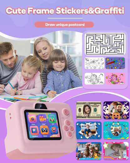 Dylanto Kids Instant Print Camera BLL2, 1080P Digital Camera with Thermal Printer, 2.4" Screen, 16X Digital Zoom, 32GB Memory Card, 3 Paper Rolls, Pink