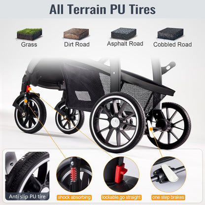 Baby Stroller, 2-in-1 Reversible Toddler Seat with Lie-Flat Mode, Foldable Infant Stroller with Canopy, One Button Brake, Adjustable Handle, Newborn Pushchair (Black B)