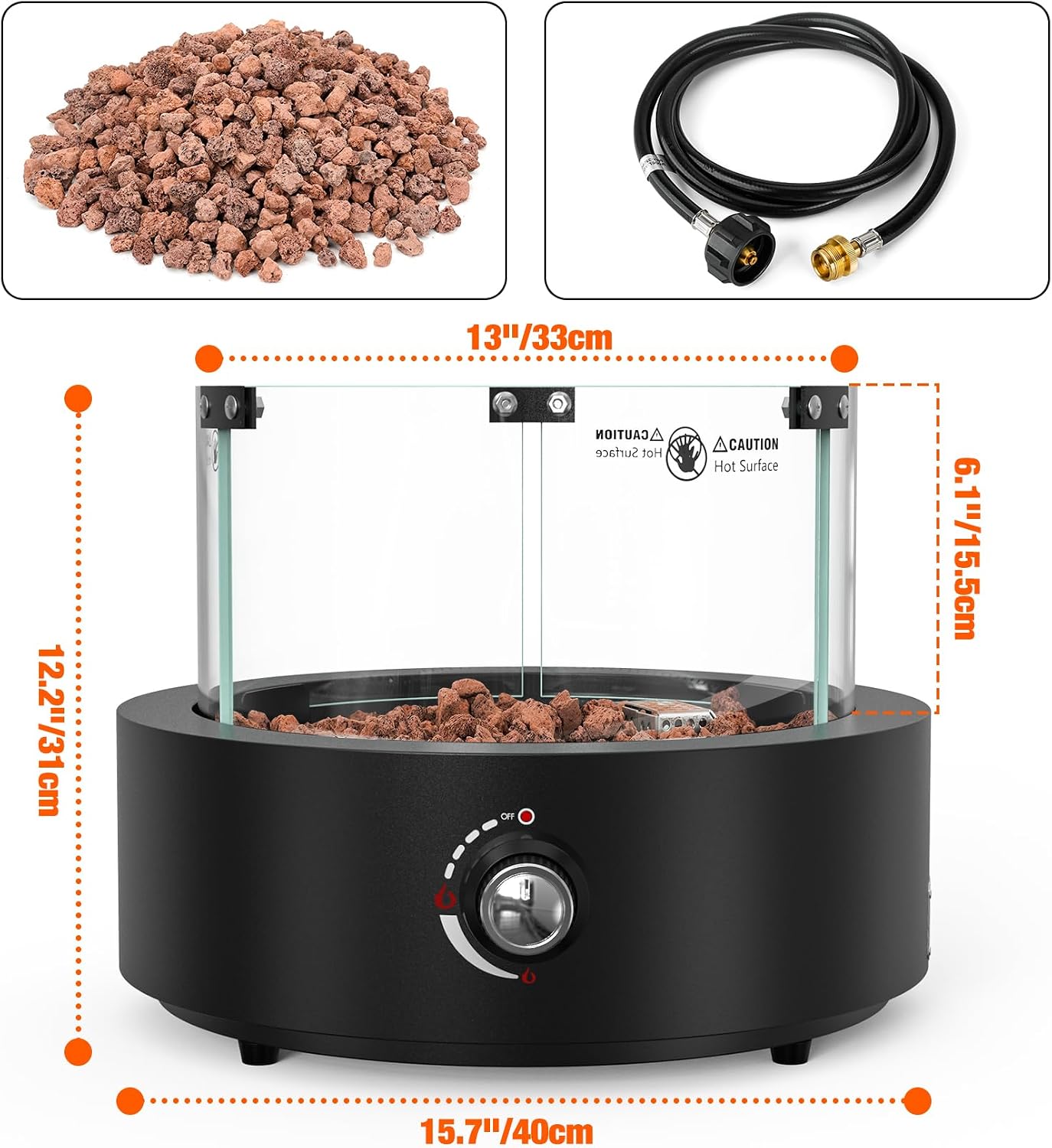 15.7" Propane Gas Fire Pit Side-Mounted, Portable Tabletop Fireplace, FP038 Portable Smokeless Fireplace with Lava Rocks & Glass Shield for Outdoor Patio Backyard Camping RV Tailgating, Round