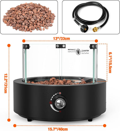 15.7" Propane Gas Fire Pit Side-Mounted, Portable Tabletop Fireplace, FP038 Portable Smokeless Fireplace with Lava Rocks & Glass Shield for Outdoor Patio Backyard Camping RV Tailgating, Round