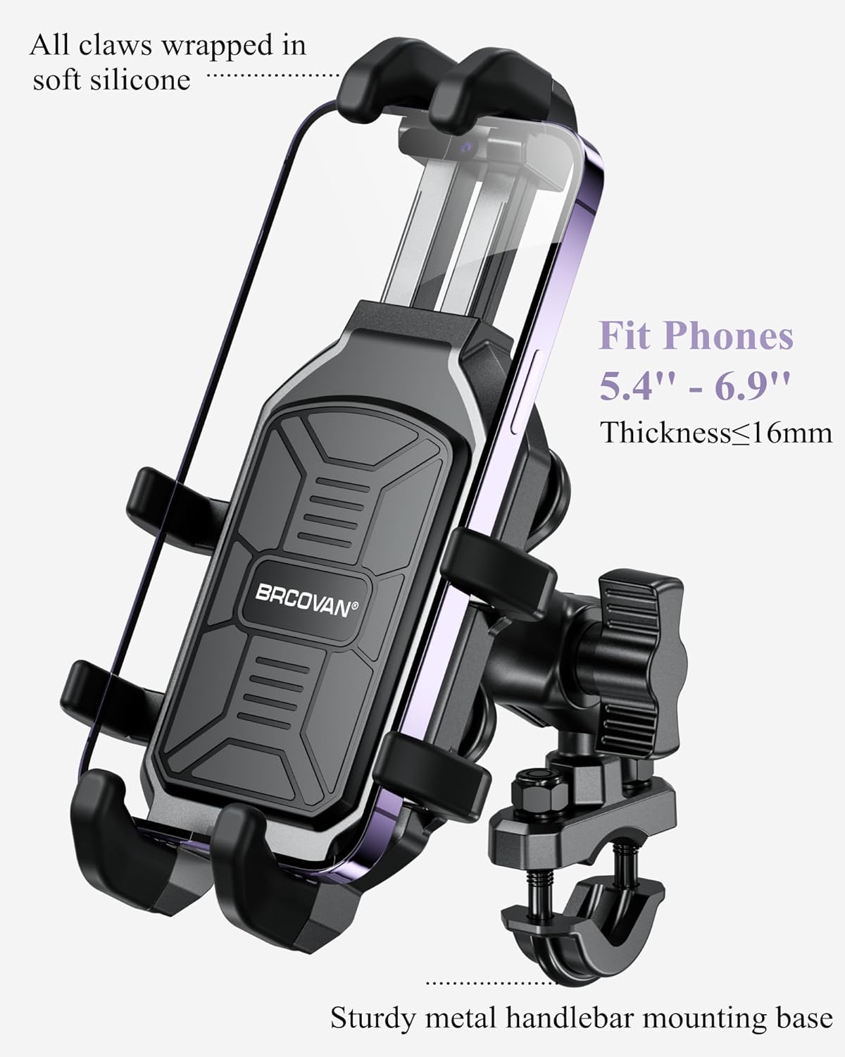 BRCOVAN Motorcycle Phone Mount Holder with Vibration Dampener, Adjustable Handlebar Phone Cradle for Motorcycles, Bikes, E-Bikes, ATVs & Scooters, Black