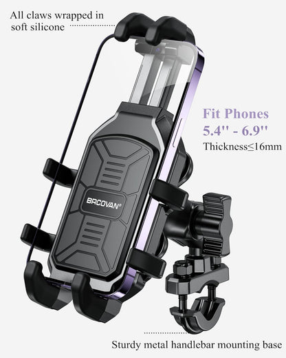 BRCOVAN Motorcycle Phone Mount Holder with Vibration Dampener, Adjustable Handlebar Phone Cradle for Motorcycles, Bikes, E-Bikes, ATVs & Scooters, Black