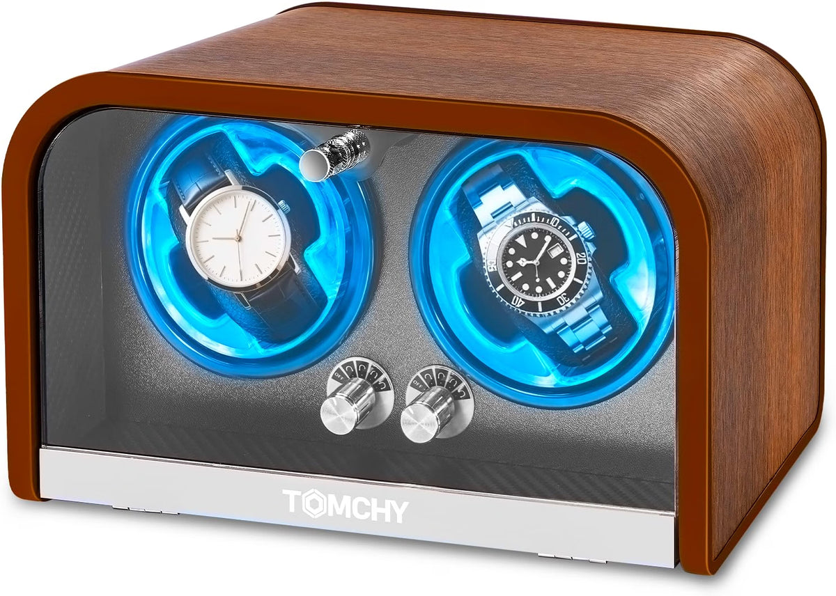 TOMCHY Automatic Watch Winder for 2 Watches, 4 Rotation Modes, Ultra-Quiet Motor Under 10dB, Dual Independent Controls with LED Lighting, Brown Rosewood