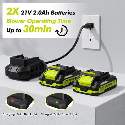 Leaf Blower Cordless 21V Electric with 2 Batteries and Charger Lightweight 2 Speed Mode Powerful Battery Powered Rechargeable Electric Leaf Blowers 2.0Ah Handheld for Lawn Care Yard and Patio Green