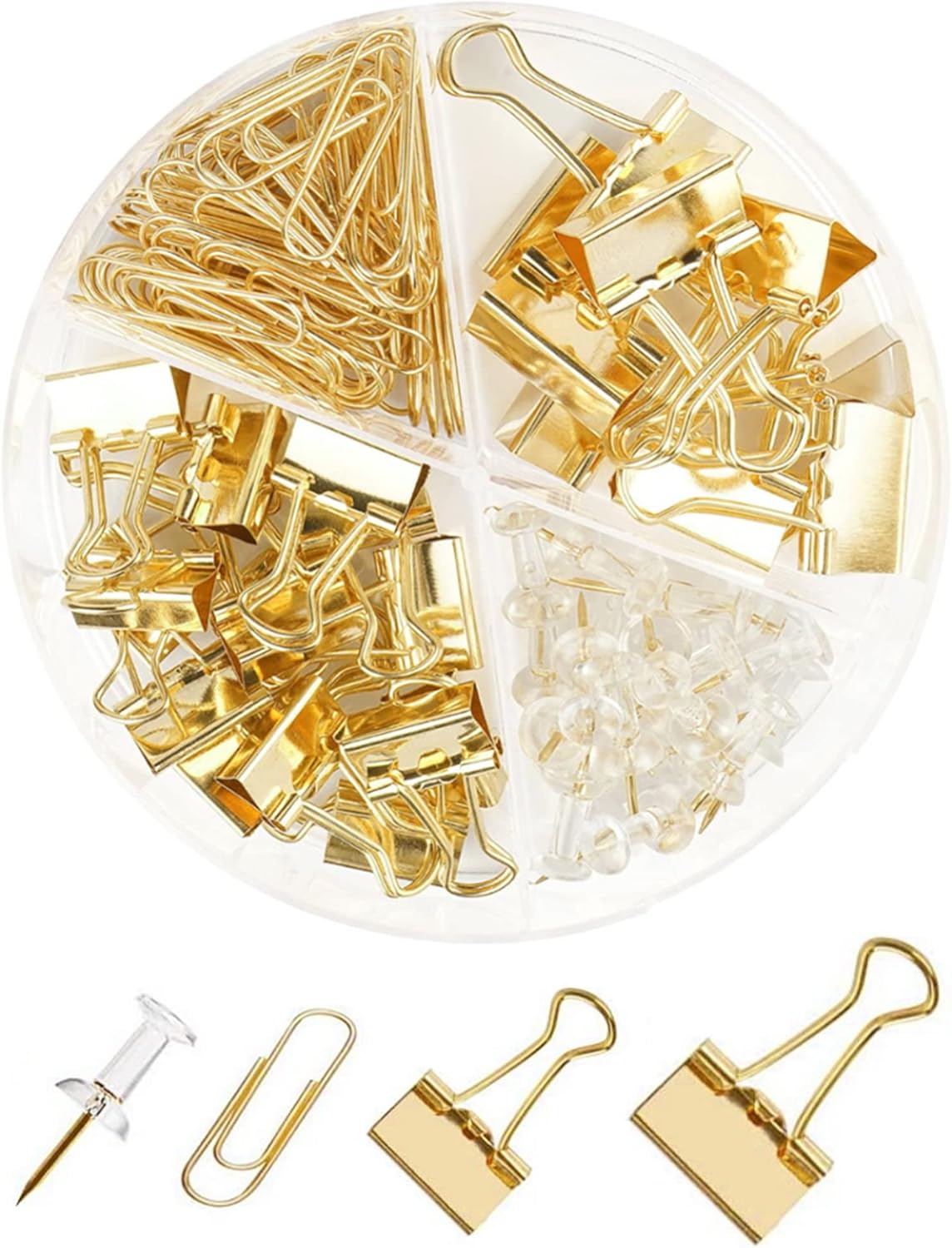 CREECHWA Paper Clips Binder Clips and Push Pin Set, 72-Piece Assorted Size Desk Organizer Kit, Gold