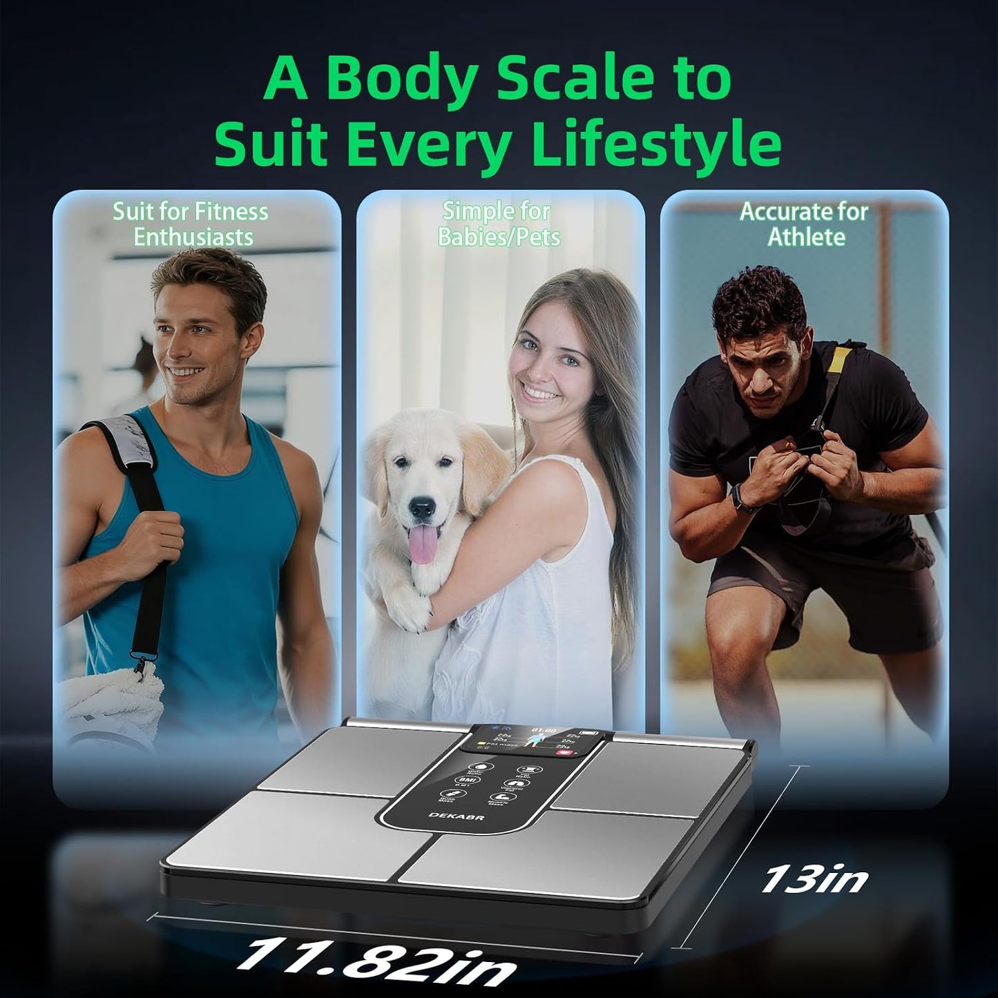 DEKABR Smart Body Composition Scale – BMI, Body Fat, Muscle Mass, TFT LCD Handle, 57 Metrics, Black