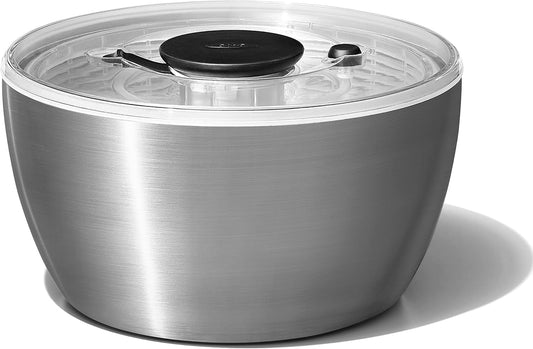 OXO Good Grips Stainless Steel Salad Spinner, Vegetable Washer - 6.22 Qt Spin Dry Produce, Serving and Storage, Non-Slip, One-Handed Pump, Brake Button, Dishwasher Safe, Large-Capacity Bowl