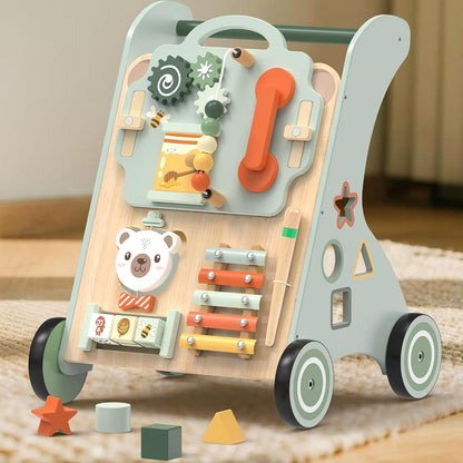 WOODMAM Push Baby Walker, Wooden Sit-to-Stand Learning Toy for 12M+ 10-in-1 Montessori Activity Center, Early Educational Push Toy, Detachable Busy Board, Adjustable Speed, Adorable Bear Design