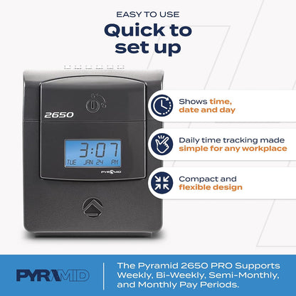 Pyramid Time Systems 2650 Auto-Aligning Punch Clock | Employee Time Clock with 25 Time Cards & Security Lock