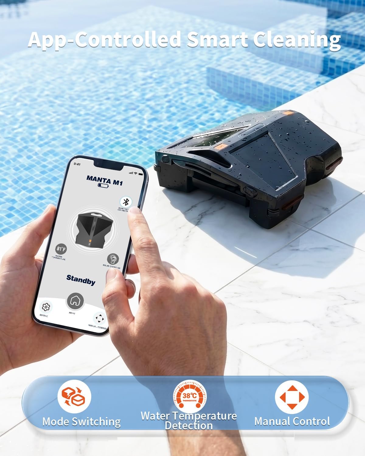 Solar Pool Surface Skimmer Robot, Smart Obstacle Avoidance & Path Planning Edge Cleaning, Smart Parking & App Control, Dual Charging Options, Strong Suction for Pools, Black