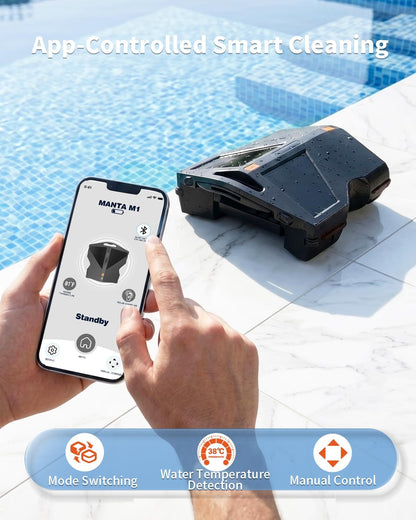 Solar Pool Surface Skimmer Robot, Smart Obstacle Avoidance & Path Planning Edge Cleaning, Smart Parking & App Control, Dual Charging Options, Strong Suction for Pools, Black