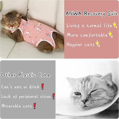 ANWA 2 Pack Cat Recovery Suit for Female Cats, Breathable Post-Surgery Recovery Onesie, Medium, Alpaca + Kitten