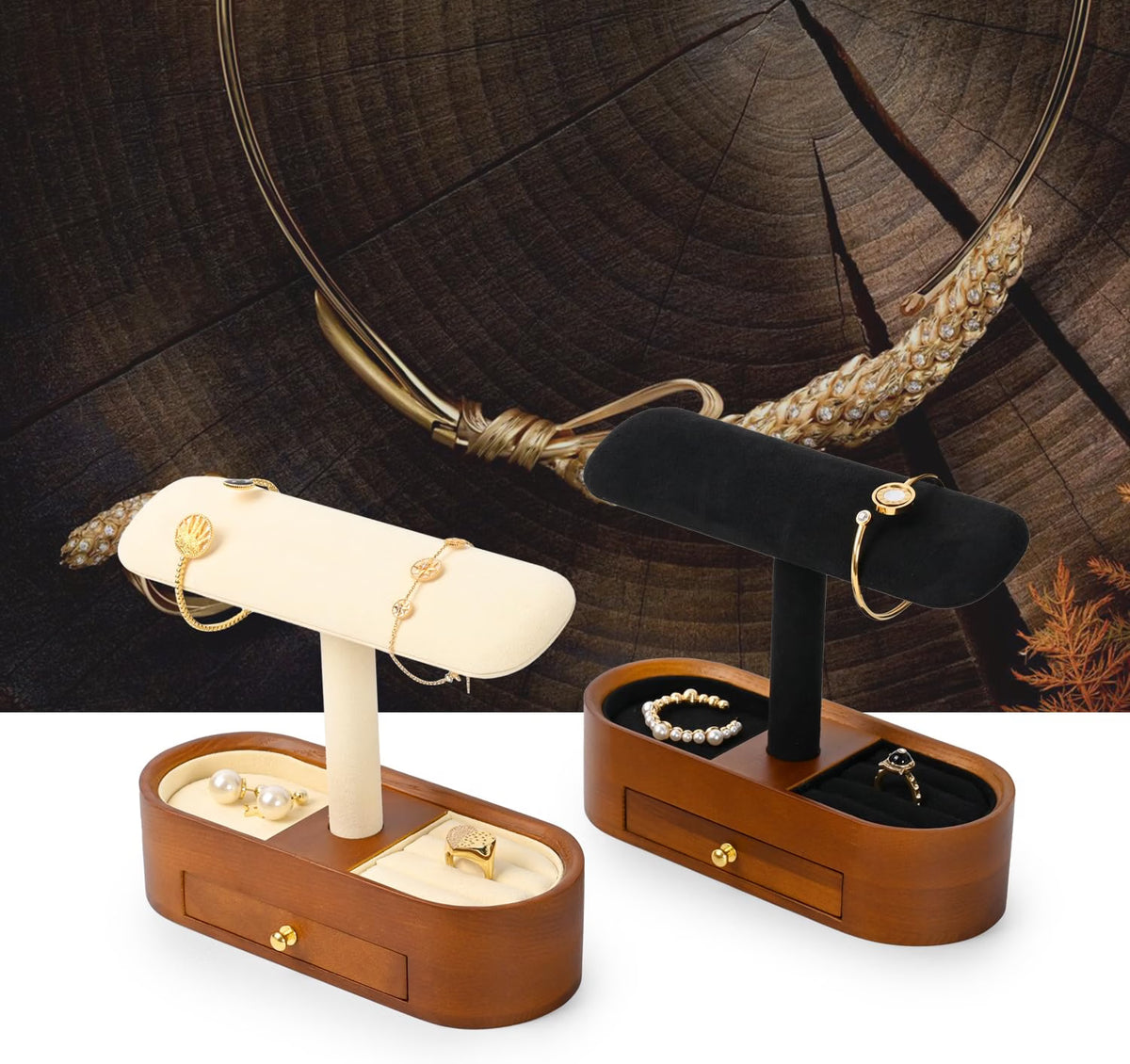 Oirlv Solid Wood Watch Stand with Drawer, T-Bar Watch Holder & Jewelry Organizer for Men and Women, Bracelet, Bangle, Ring & Earring Display, Creamy White