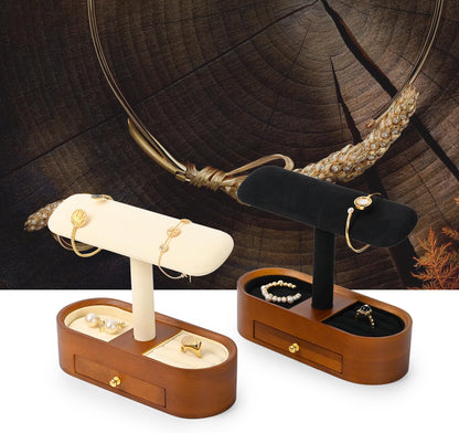 Oirlv Solid Wood Watch Stand with Drawer, T-Bar Watch Holder & Jewelry Organizer for Men and Women, Bracelet, Bangle, Ring & Earring Display, Creamy White