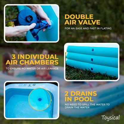 Toysical Inflatable Family Pool with Pump, 118" x 72" x 22", 312-Gallon Above Ground Swimming Pool for Kids & Adults, Rectangular PVC Pool with Air Pump & Repair Patches
