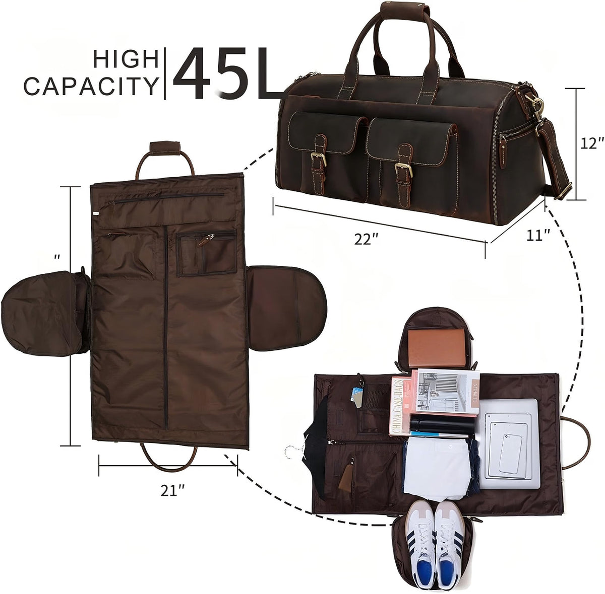 UPRESYE Convertible Leather Garment Bag, Full Grain Cowhide Leather 2-in-1 Suit Travel Bag with Shoe Pouch, Carry-On Hanging Garment Duffel Bag, Deep Brown