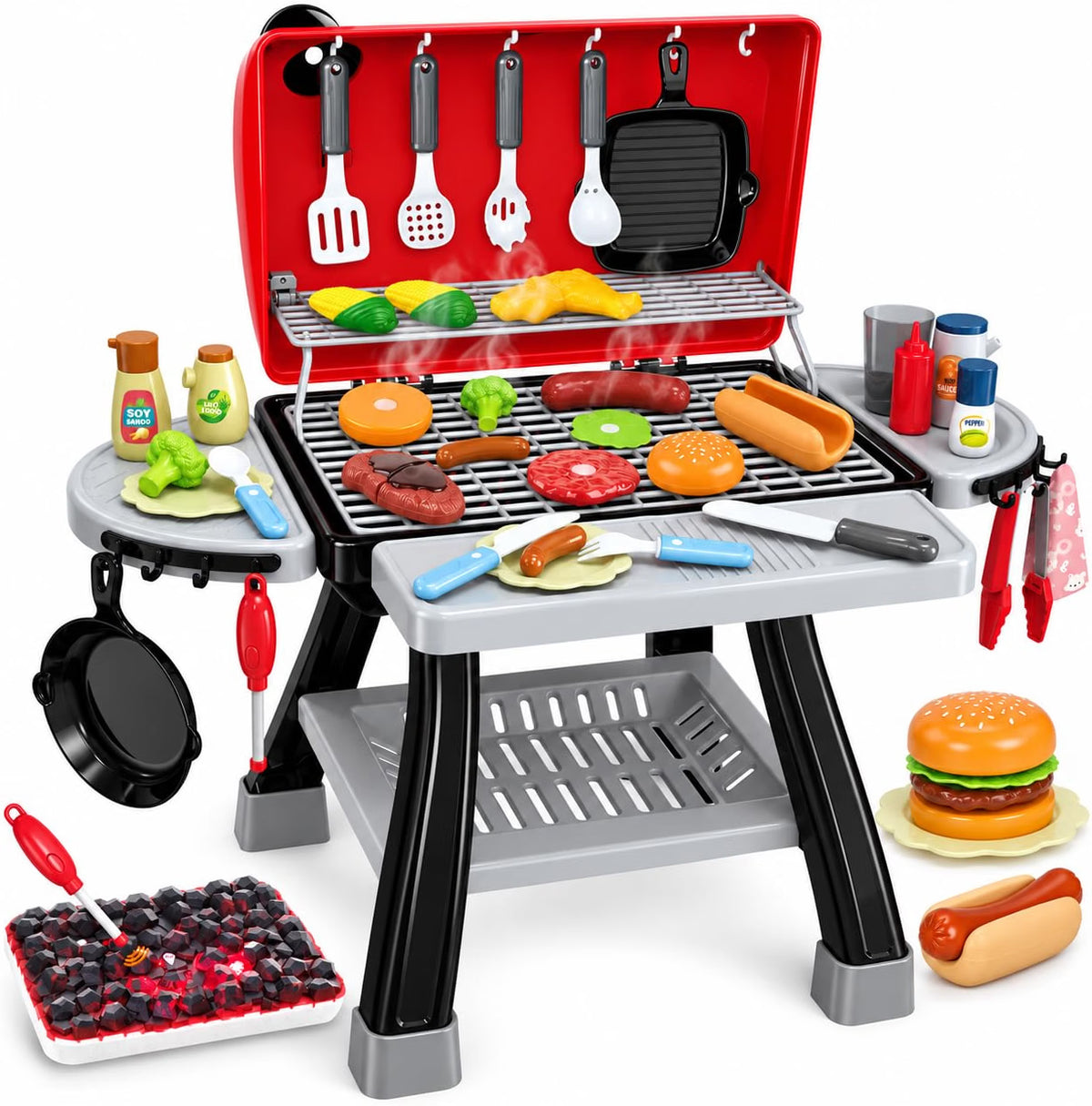 Bstoyder Kids BBQ Grill Playset, 73-Piece Pretend Kitchen Playset with Smoke, Sound & Light, 2-Layer Outdoor Grill Toy with Play Food & Accessories for Toddlers, Red