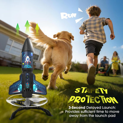 ZeroPhear RK2 Spinner Rocket Launcher for Kids, 200-Foot Self-Launching Rocket Toy with Parachute, LED Light, 2 Launch Modes, Rechargeable STEM Outdoor Toy, Cyan