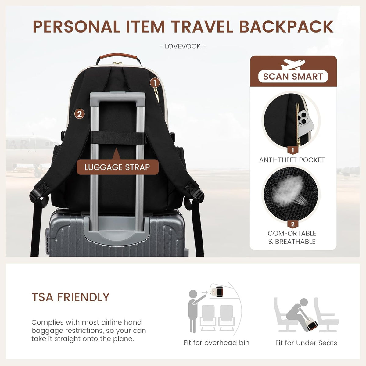 LOVEVOOK Laptop Backpack for Women, 15.6-Inch Laptop Travel Backpack with Large Capacity Cup Pocket, Waterproof Work Business College Backpack, Beige-Black-Chestnut Brown