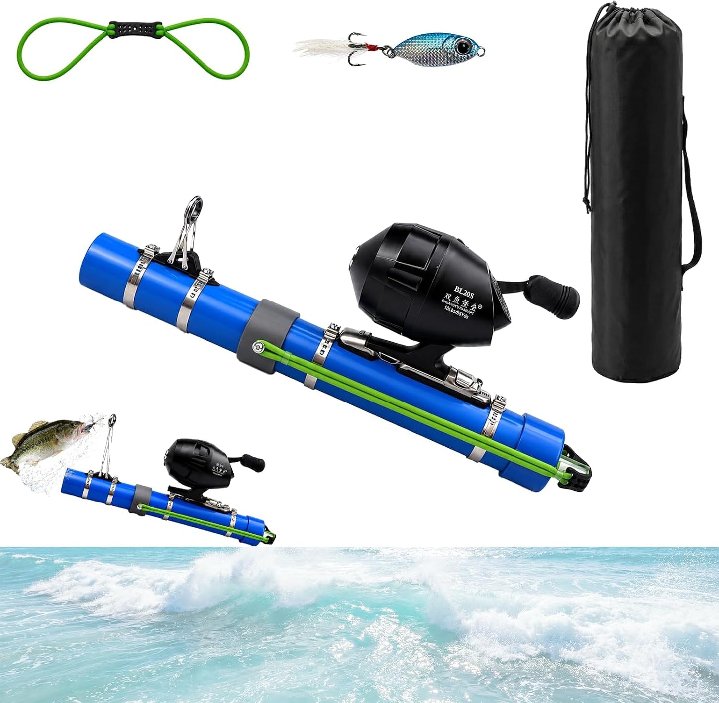 Tomotato Fishing Catapult Rod, 15" Portable Fishing Pole with Reel, 2 Latex Tubes, Metal Lure & Carry Bag, Complete Casting Kit for Saltwater & Freshwater Fishing
