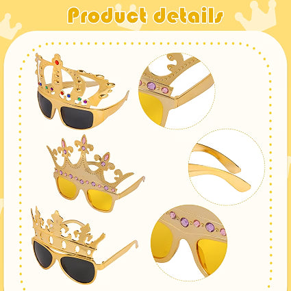 NICOWARM 12-Piece Crown Glasses & Crown Hats Party Set, 6 King & Queen Crown Sunglasses with 6 Adjustable Crown Hats, Royal Photo Props for Kids & Adults, Gold
