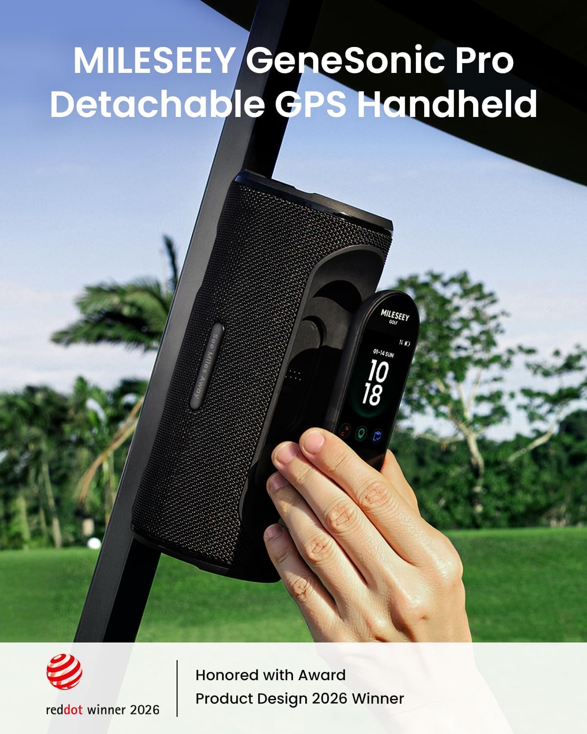 MiLESEEY GeneSonic Pro Golf GPS Speaker with 43K+ Courses No-Subscription Detachable GPS Handheld Rangefinder, MagLock, Color Touchscreen, Visual & Audible Yards, Layup/FCB/Hazard, 15H Battery, IP67