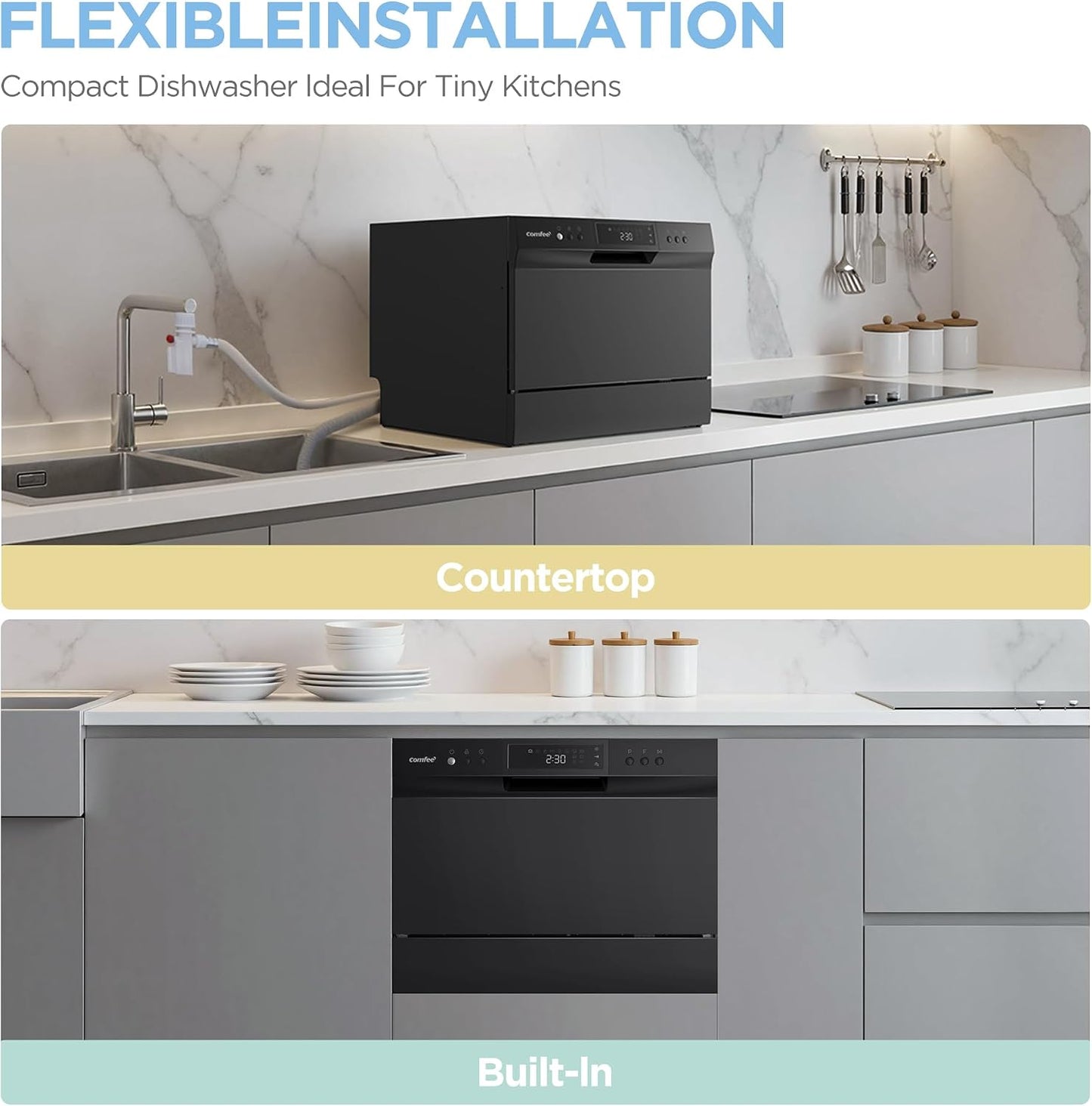 COMFEE’ Countertop Dishwasher, Energy Star Portable Dishwasher, 6 Place Settings & 8 Washing Programs, Speed, Baby-Care, ECO& Glass, Dish Washer for Dorm, RV& Apartment, Black