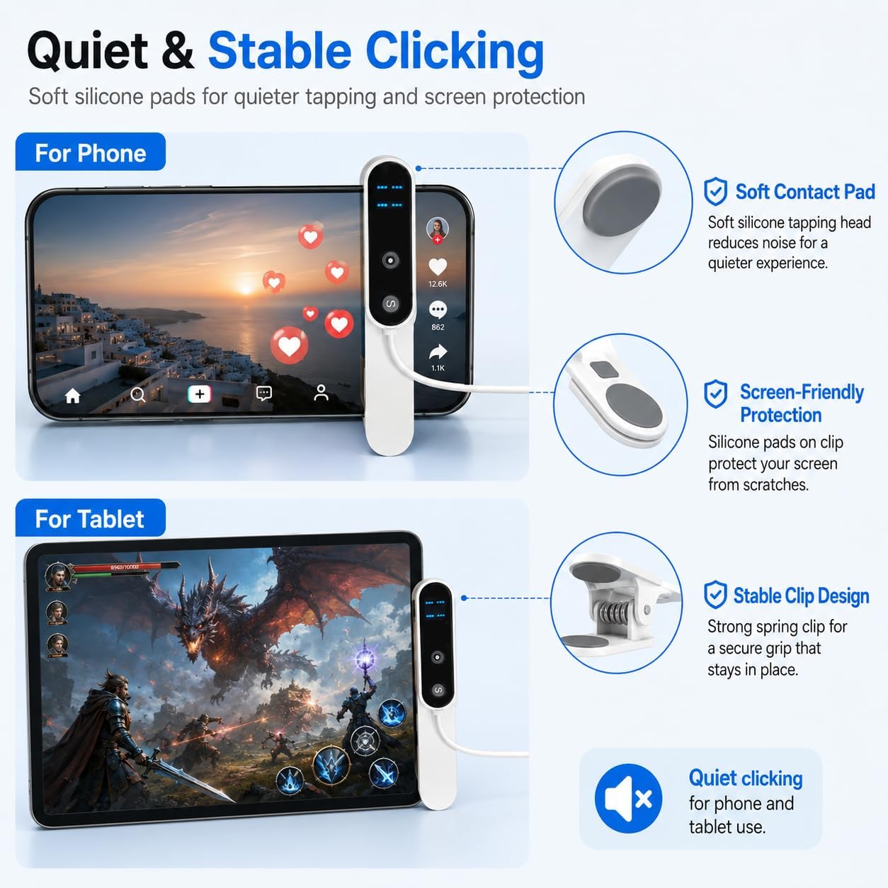 Clicker Automático con Cable 2 Unidades para iPhone iPad Android, Pulsador de Pantalla Silencioso USB con Cable, 2 unidades, pulsación silenciosa, pantalla digital de velocidad, clip ajustable, para teléfonos y tabletas