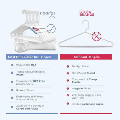 Plastic Hangers 50 Pack (60 Count) – Made in The USA – 6lb Capacity Standard Clothes Hangers with Strap Hooks for Dresses, Lingerie, Shirts, Pants, and Jackets – White