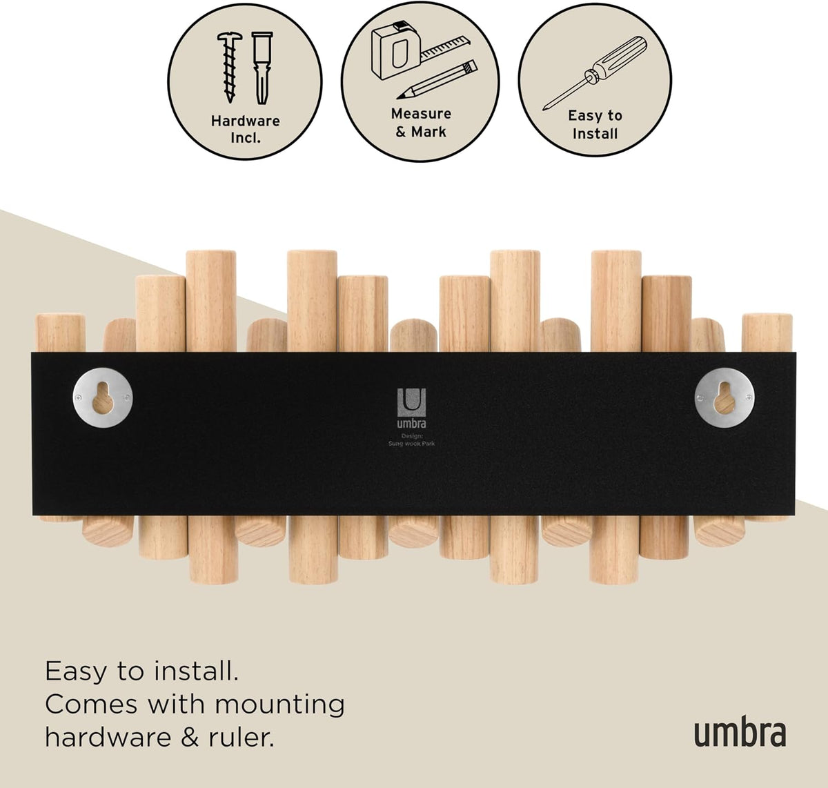Umbra Picket Coat Rack, Wall Mount 5 Flip-Down Coat Hooks, Natural
