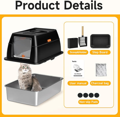 TEVILA XL Enclosed Stainless Steel Litter Box with Lid, Black, High-Sided Cat Litter Box with Scoop, Step & Mat, X-Large