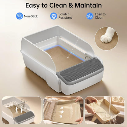 Self Cleaning Cat Litter Box, Open Top Automatic Litter Box, App Control Anti-Pinch Safety Sensors, 6.5L Waste Drawer with Odor Control, 20 Waste Bags, Large Capacity for Big Cats & Multi-Cat Homes