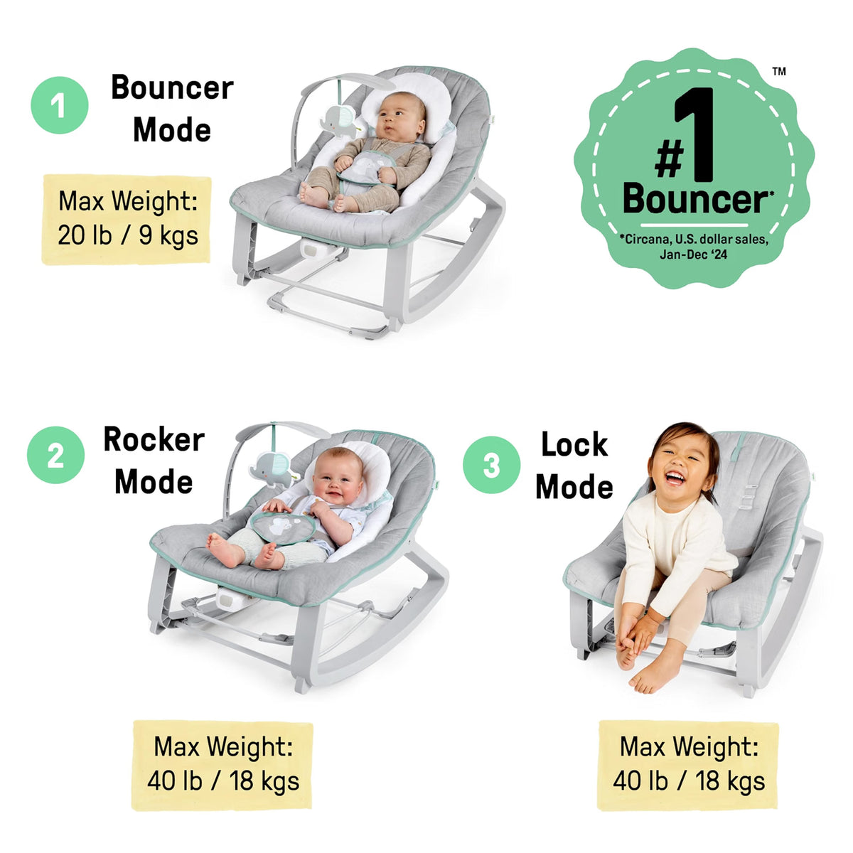 Ingenuity Keep Cozy 3-in-1 Grow with Me Baby Bouncer, Rocker & Toddler Seat, Vibrating Infant Bouncer with Toy Bar, 0-30 Months, Up to 40 lbs, Weaver