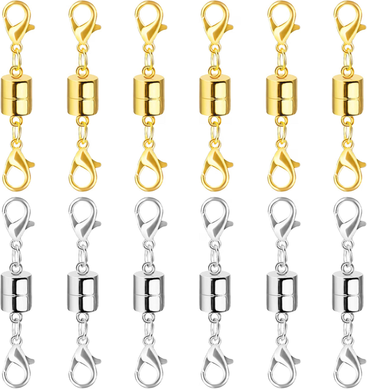 SUTQIGUI Magnetic Necklace Clasp Set, 12-Pack Double Lobster Clasp Necklace Extenders, Gold & Silver Magnetic Jewelry Closures for Necklaces & Bracelets