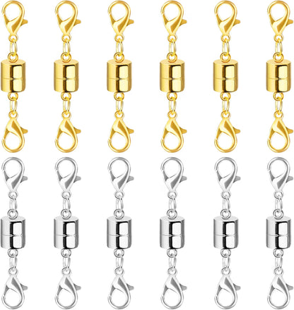 SUTQIGUI Magnetic Necklace Clasp Set, 12-Pack Double Lobster Clasp Necklace Extenders, Gold & Silver Magnetic Jewelry Closures for Necklaces & Bracelets