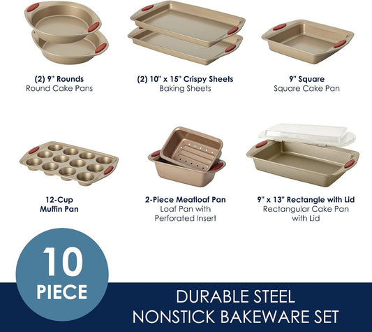 Rachael Ray Cucina Nonstick Bakeware Baking Pans Set, Baking Set 10-Piece | Easy cleanup, baking sheet set for baking and roasting, oven safe to 450Â°F,...