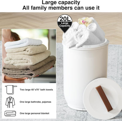 SAMEAT Heated Towel Warmers for Bathroom - Large Towel Warmer Bucket, Wood Handle, Auto Shut Off, Fits Up to Two 40"X70" Oversized Towels, White